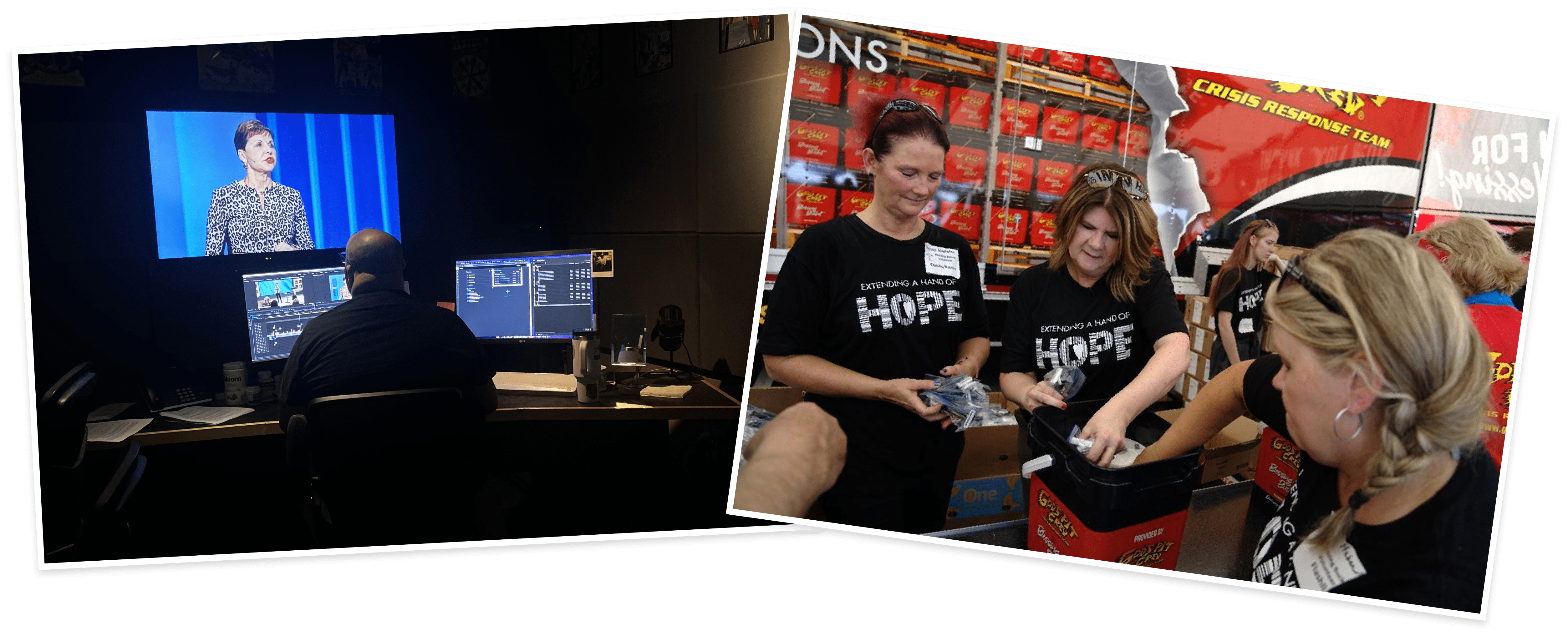 Editor working and employees packing care packages